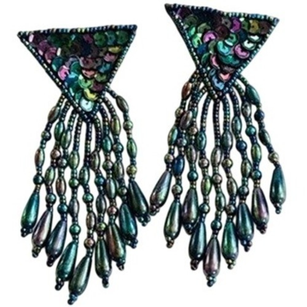 VTG Runway Glass‎ Party Earrings Waterfall beads Dangle colorful post Retro 70s